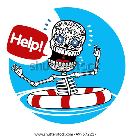 Sinking with a lifeline.  Vector flat and linear Illustration of skeleton. Web banners, advertisements, brochures, business templates. Isolated on a white background.