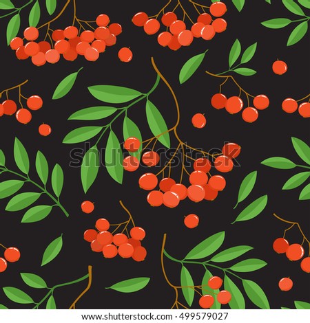 Branch of ash berries isolated on black. Seamless pattern with color mountain ashes. Bright berries branches.