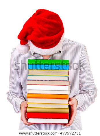 Tired Student in Santa Hat with a Books on the White Background