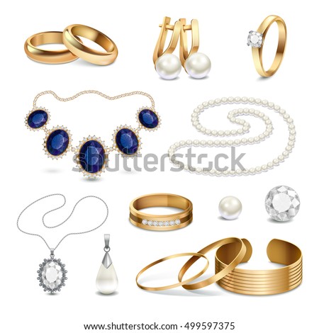 Beautiful fashionable gold and silver jewelry and accessories realistic set isolated on white background vector illustration Royalty-Free Stock Photo #499597375