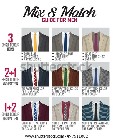 Pattern mix and match guide for men suit and shoes. Suitable and appropriate color match variations for various events, formal, business, casual and other. Royalty-Free Stock Photo #499611802