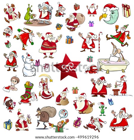 Cartoon Illustration of Christmas Themes and Characters Clip Arts Set