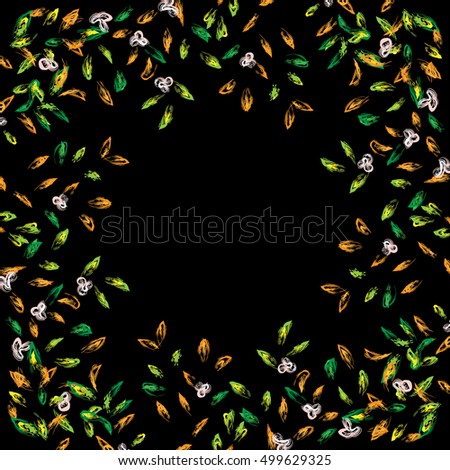 Autumn hand drawn vector background and frame. Colorful clip art, isolated on black. Bright design element for postcard, greeting card, banner, print advertising. White flowers, red and green leaves