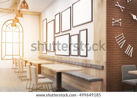 New York cafe with photo gallery on the wall. Concept of trendy place to eat and have a good time. Mock up. Toned image. 3d rendering