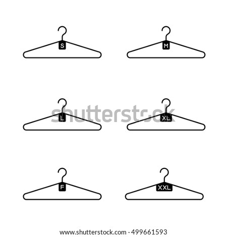 Clothes hanger silhouette icon with S, M, L, XL, XXL, F size symbol set black color isolated on white background
