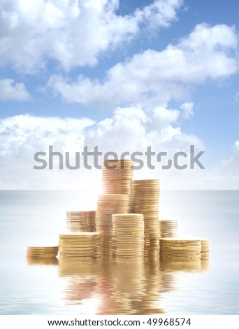 Money over abstract heaven and sea background (Warning! This is not realistic water and sky. Picture also have unreal view and over-filtered colors)