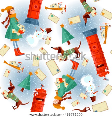 Christmas background pattern. Vintage Mailbox, little girl, dachshund, snowman and letters to Santa. Vector illustration.
