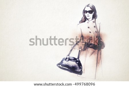 autumn style. fashion illustration . woman in coat. autumn street look. watercolor painting. 