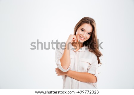 Portrait of a pretty smiling woman posing isolated on a white background
