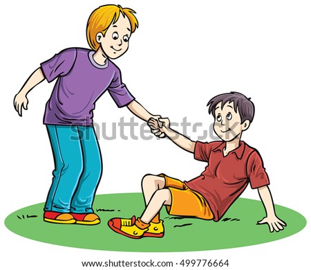 a boy helping his friend who fell down to raise up