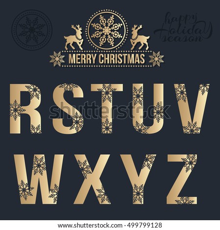 Set of Christmas stylized golden alphabet with snowflakes. Vector R, S, T, U, V, W, X, Y, Z.