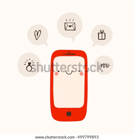Super cute illustration of a Phone with Speech bubbles. Vector smiley cartoon Mobile Phone character with different icons.