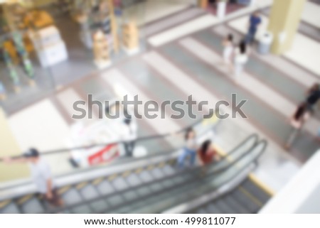 Supermarket abstract blur background. Shopping mall defocused photo for banner template or backdrop. Sale season blurry image. Shopping displays and shoppers in blur. Escalator in department store