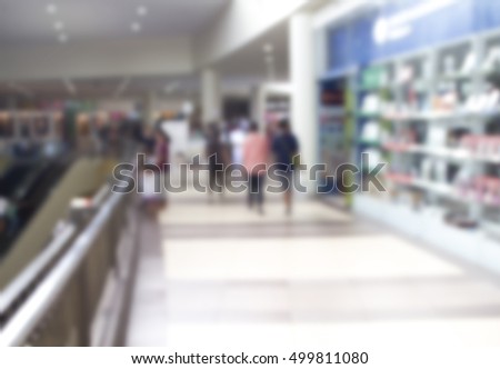 Supermarket abstract blur background. Shopping mall defocused photo for banner template or backdrop. Sale season blurry image. Shopping displays and shoppers in blur. Modern department store in blur