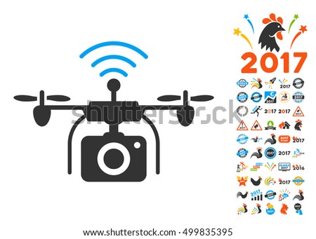 Radio Camera Drone pictograph with bonus 2017 new year design elements. Vector illustration style is flat iconic symbols, blue and gray colors, white background.