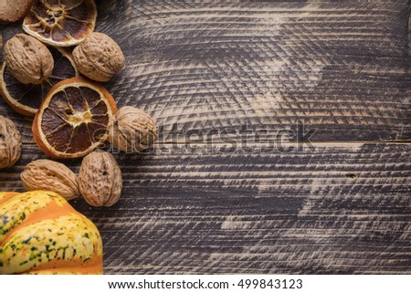 fall autumn thanksgiving concept background backdrop walnut pumpkin decoration 