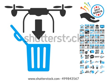 Drone Drop Trash pictograph with bonus 2017 new year pictograms. Vector illustration style is flat iconic symbols, blue and gray colors, white background.
