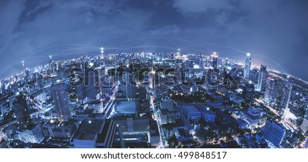 Blue high-tech tone of cityscape connected line, technology concept, internet of things conceptual Royalty-Free Stock Photo #499848517