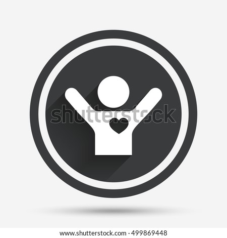 Fans love icon. Man raised hands up sign. Circle flat button with shadow and border. Vector