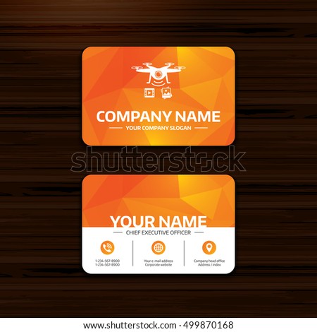 Business or visiting card template. Drone icon. Quadrocopter with video and photo camera symbol. Phone, globe and pointer icons. Vector