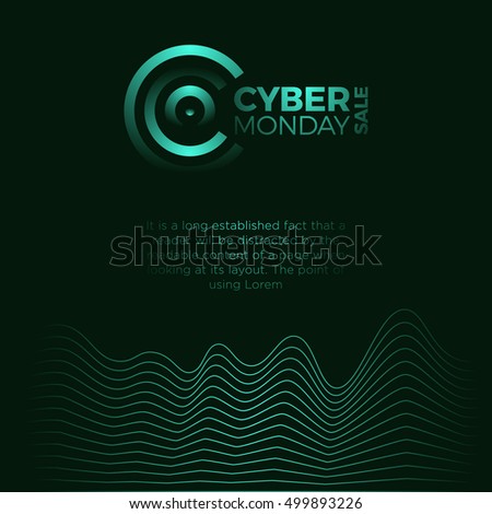 Cyber Monday Promotional Poster with letter c logo. 3D illuminated distorted shape of glowing particles and wireframe. Futuristic vector illustration. Technology digital splash or explosion concept