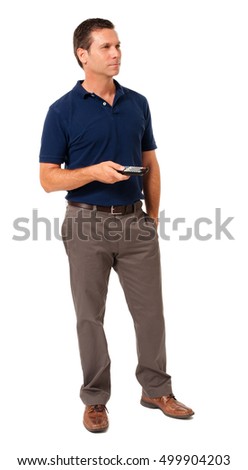 Full-length casual dress businessman ceo presenter vice president in blue polo shirt using video presentation with TV remote control isolated on white background