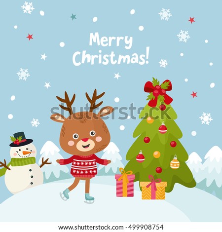 Merry Christmas greeting card with a cute little deer. Happy New Year holidays! Cartoon winter landscape with animal character, snowman and Christmas tree. Illustration for kids, Xmas holidays.