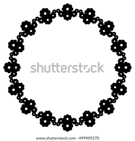 Black and white round frame with floral elements. Raster clip art.