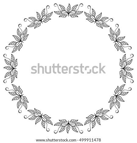 Round contour floral frame with leaves. Raster clip art.