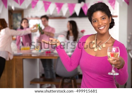 Charming home event social gathering welcoming host woman invites us in to her party