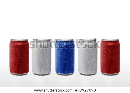 Blue red and white paint cans and drop water isolated white background