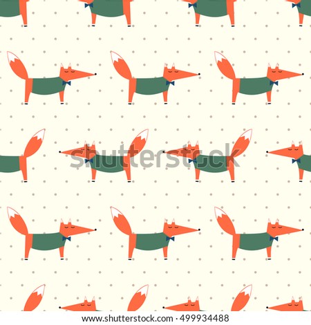 Cute fox seamless pattern on polka dots background. Cartoon foxy vector illustration. Child drawing style animal background. Fashion design for fabric, textile.