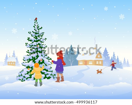 Vector cartoon illustration of a winter snowy scene with children decorating a Christmas tree outdoor
