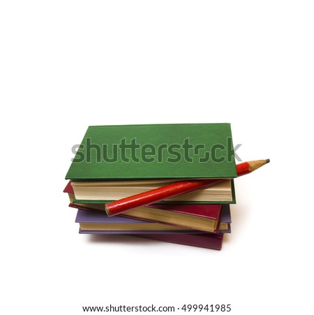 Pile of books and pencil on a white background 