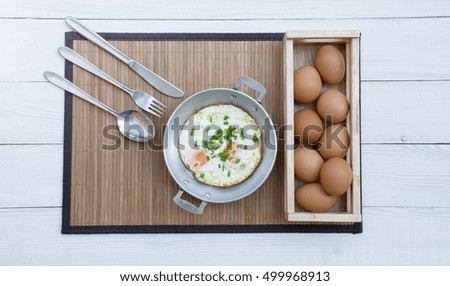 Vietnam breakfast style, call "Egg Pan", more famous in North-eastern Thailand; hipster and flat lay image, copy space for text