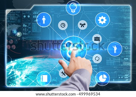 Business, Technology, Internet and network concept. Young businessman working on a virtual screen of the future and sees the inscription