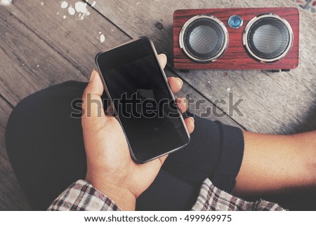 Selfie of bluetooth speaker with smart phone