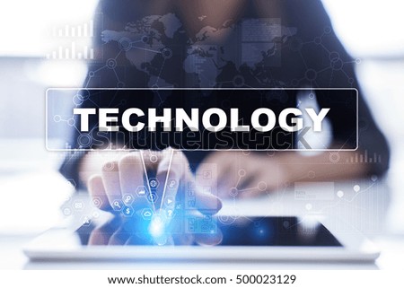 Woman is using tablet pc, pressing on virtual screen and selecting technology