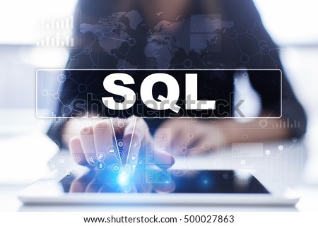 Woman is using tablet pc, pressing on virtual screen and selecting sql