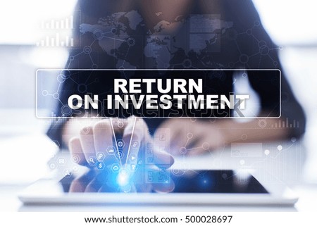 Woman is using tablet pc, pressing on virtual screen and selecting return on investment