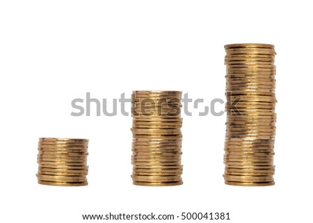 growing stack of coins on white background