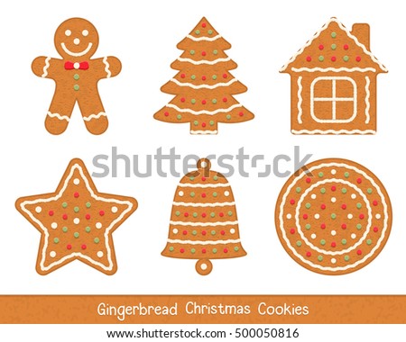 Set of gingerbread Christmas cookies - man, tree, house, star, bell and circle, vector eps10 illustration