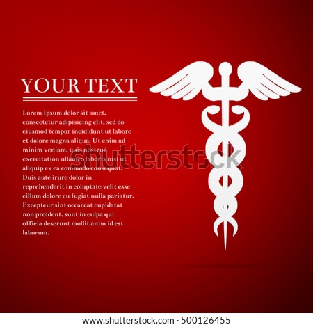 Caduceus medical symbol (emblem for drugstore or medicine, medical sign, symbol of pharmacy, pharmacy snake symbol) flat icon on red background. Adobe illustrator
