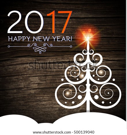Merry Christmas and Happy New 2017 Year Design Template. Paper Christmas Trees with Light on Wood Texture. Vector illustration