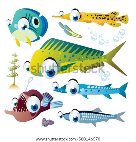 cute vector cartoon fish collection. colorful illustrations of sea life animals. mahi-mahi, gar, angler, herring, barracuda