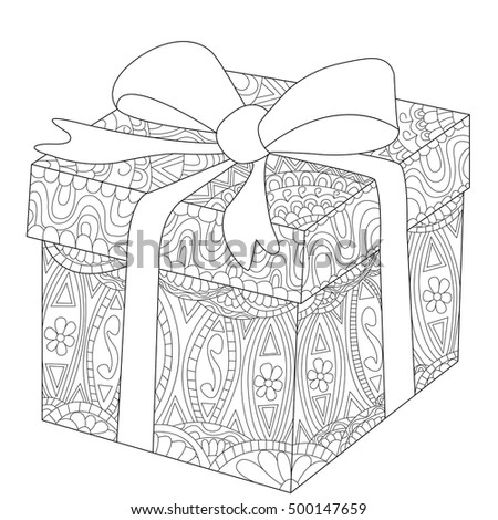 Gift box with bow coloring book raster illustration. Anti-stress coloring for adult. Zentangle style. Black and white lines. Lace pattern