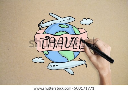 Hand drawing creative travel sketch on beige hackground. Traveling concept