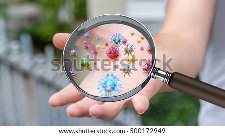Close up on a sick man hand through magnifying glass transmitting virus by skin contact 3D rendering Royalty-Free Stock Photo #500172949