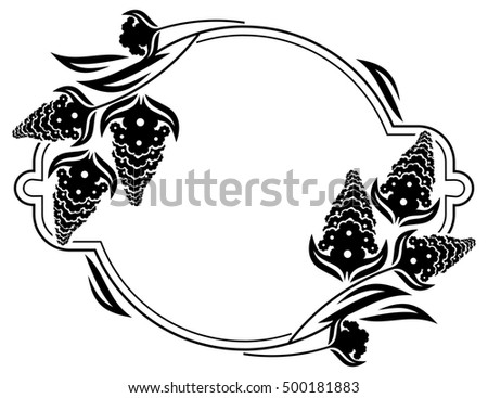 Round label with black and white decorative flowers silhouettes. Copy space. Raster clip art.
