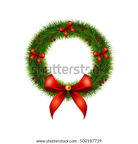 Christmas wreath isolated on white background. Traditional Christmas decoration with red bows, holly berries, and gold ball. Greeting card template. Round holiday banner. Vector illustration.